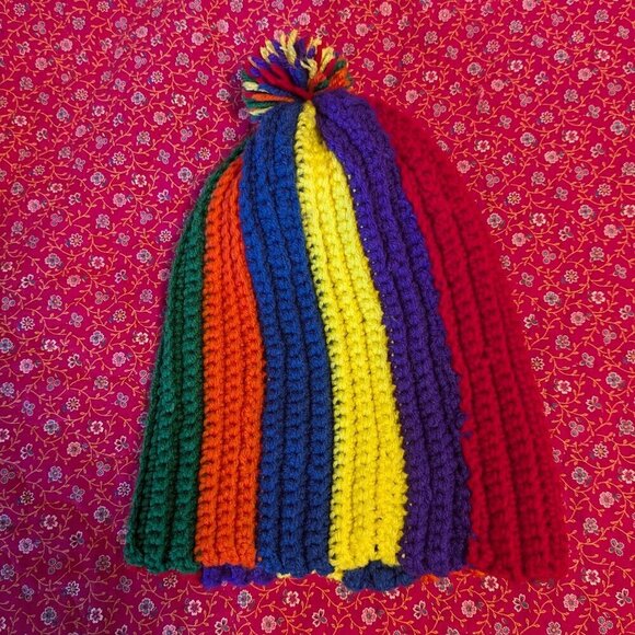 Vintage Rainbow Knit Beanie Hat Cap Pom Clown Umbrella Pattern Unisex - Picture 3 of 3